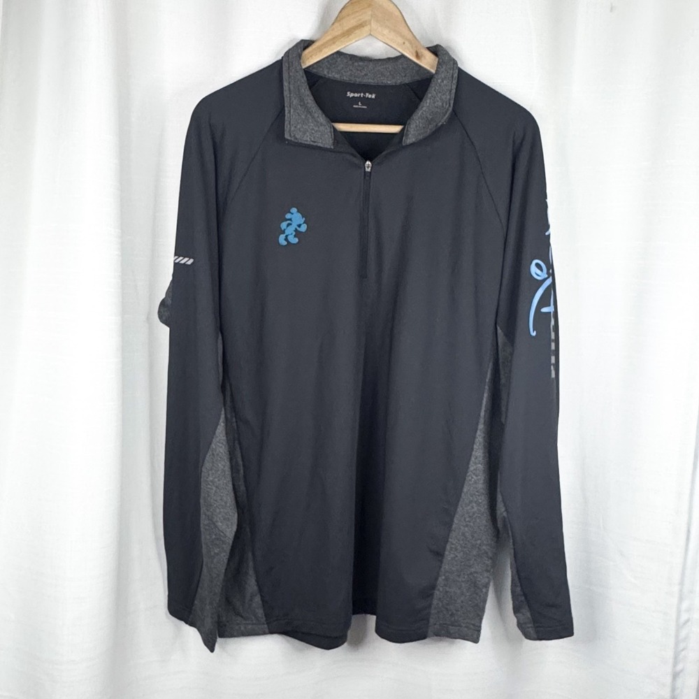 runDisney Mickey Sport-Tek 1/4 Zip Pullover Mens L Black Gray Running Disney EUC